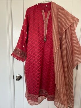 Embroidered Red Kurta Set with Striped dupatta